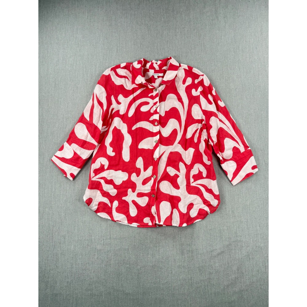 Chicos Red White Abstract‎ Print 100% Linen Button Down Shirt Size 2 Large 12